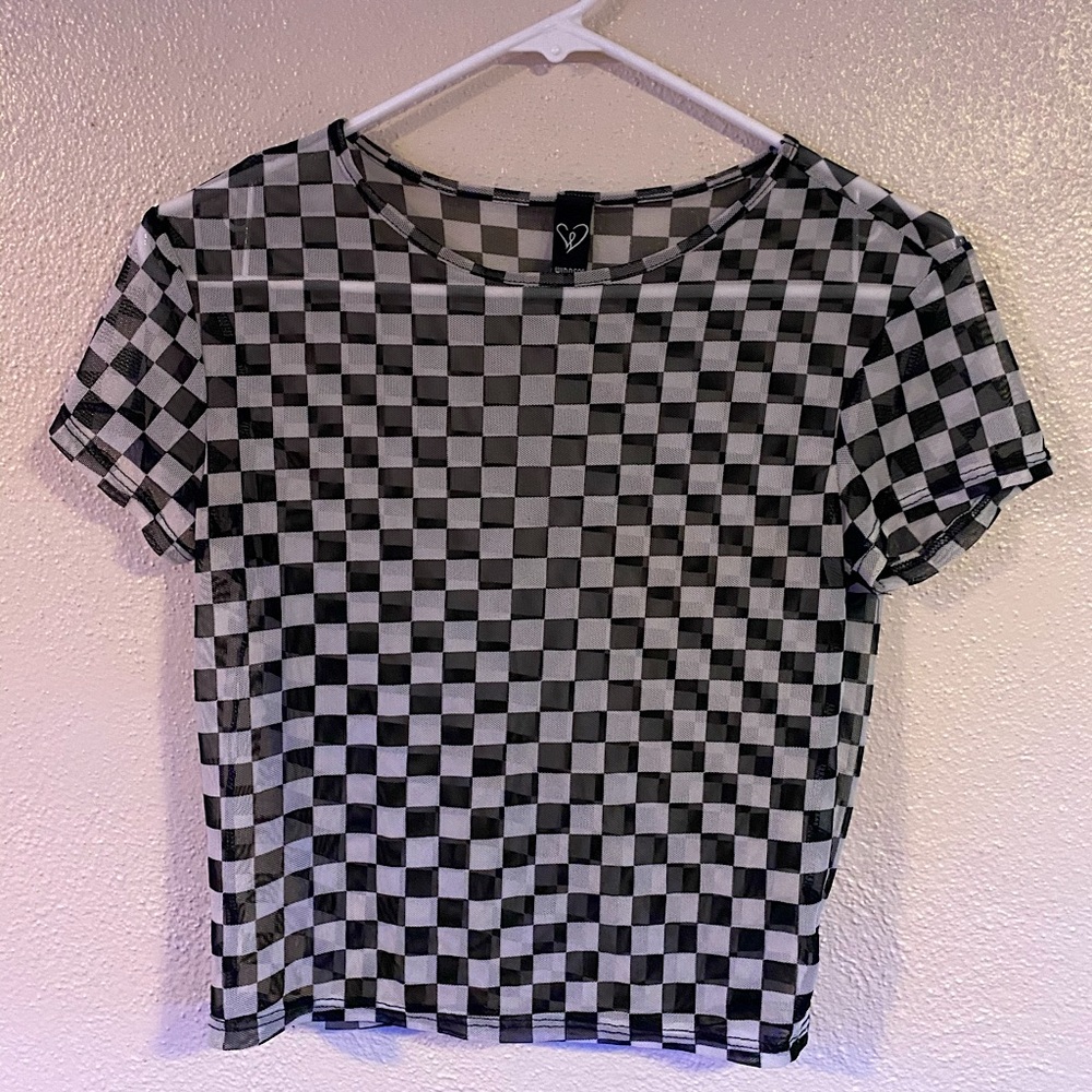 Checkered sheer white and black shirt